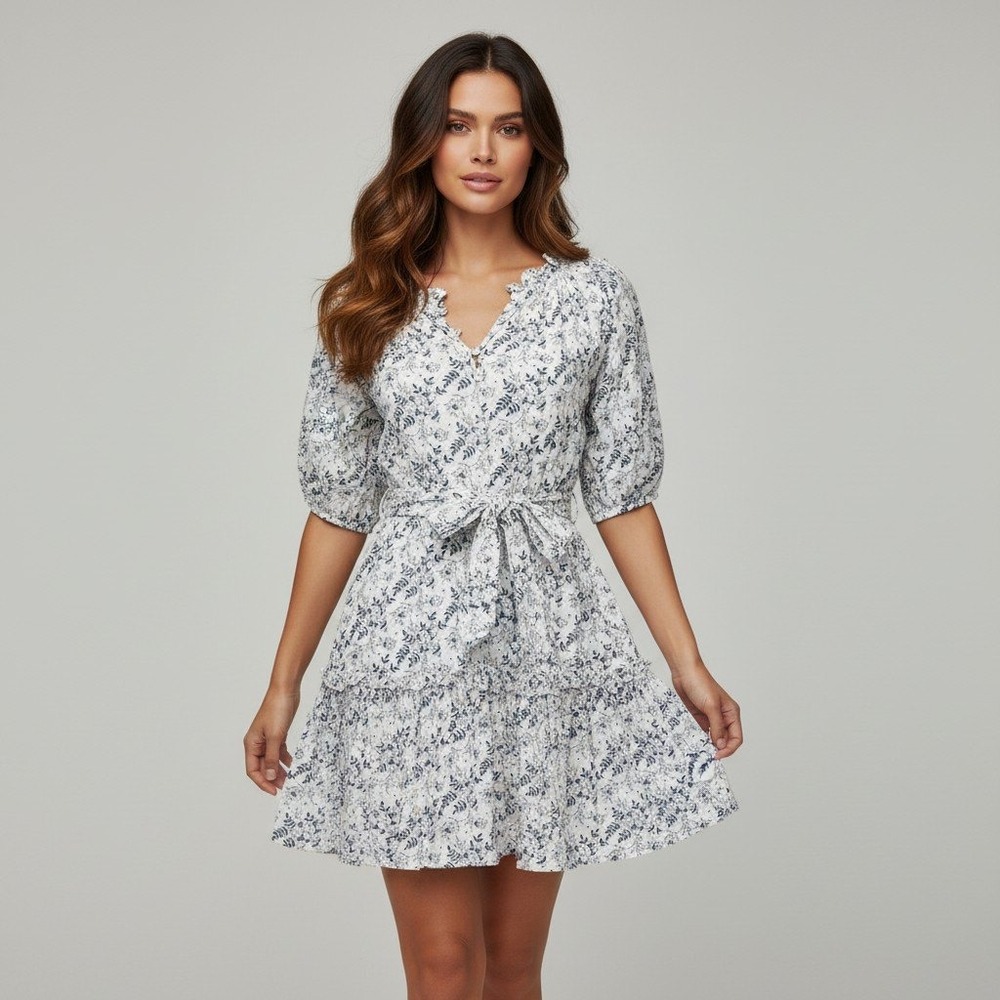 Cleobella White Blue Floral Organic Cotton Ruffle Mini Dress Size Small